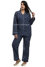 Women  s Two-Piece Long Sleeve Button Down Sleepwear/Lounge PJ Set Cotton Blue