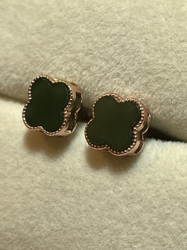 Rose Gold Over 925 Sterling Silver Green Jade Clover Earrings - Picture 4 of 9