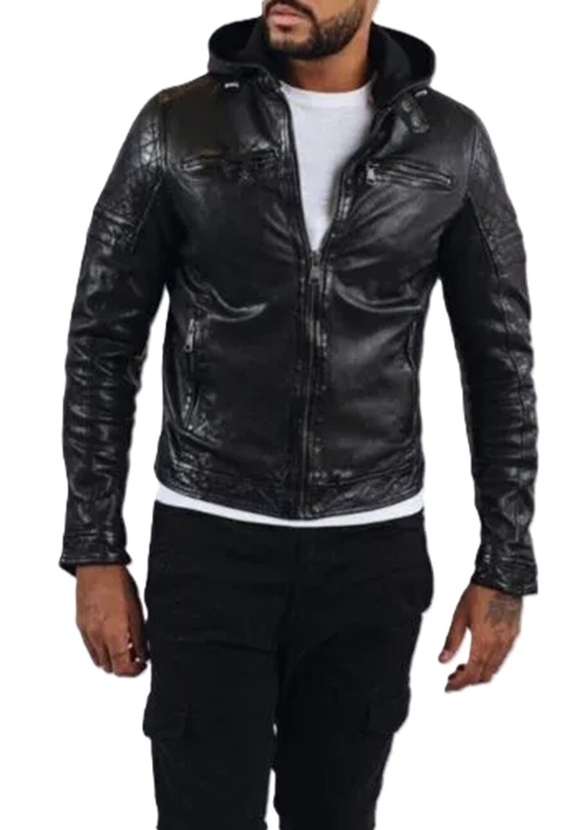 Men's Black Hoodie Leather Jacket Bomber Biker 100% Real Lambskin