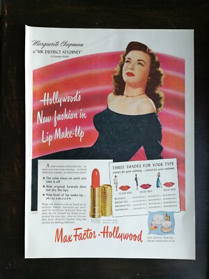 Vintage 1947 Max-Factory Hollywood Lipstick Marguerite Chapman Full Page Ad