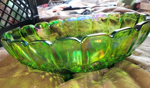 Vintage Green Iridescent Footed Oval Indiana Carnival Glass Harvest Fruit Bowl