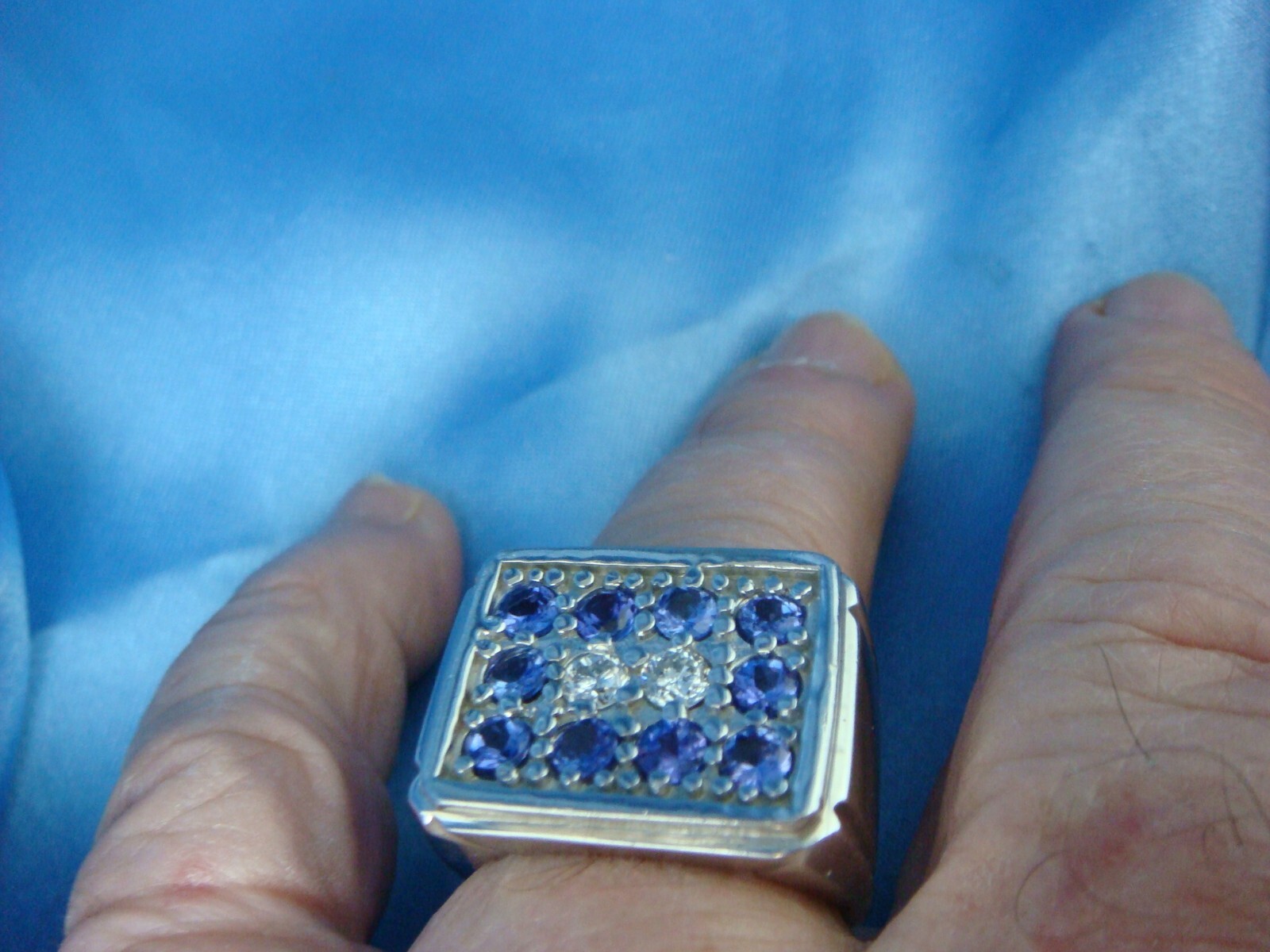 14K WHITE GOLD HEAVY MENS RING 20.3 GRAMS 2.50 CT TANZANITE & DIAMONDS