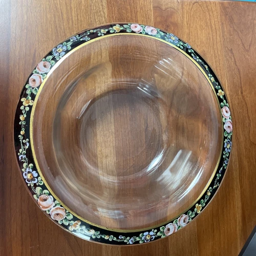 Glass Bowl Rolled Hand Painted Edge Black Gold Pink & Blue Floral VTG Antique