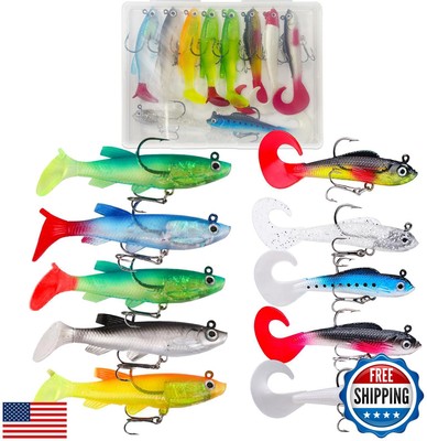 Soft Plastic Lure with Tackle Box, Lifelike Bass Bait Kit, 10Pcs Pre-rigged F