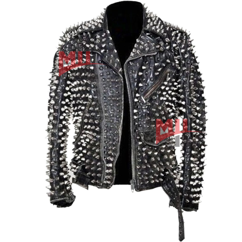 New Women Black Fashion Full Silver Studded Genuine Leather Waist Belted Jacket