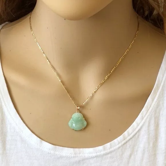 Solid Gold Natural Jade Laughing Small Buddha Kid Pendant Necklace