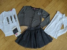 NKY Festive Girl 8 OUTFIT SET 5 Pc EUC Sparkling skirt top cardigan tights NWT