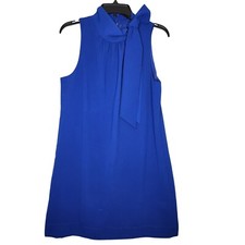 Ann Taylor Royal Blue Secretary Tie Neck Mini Dress 10 Button Back Knee Length