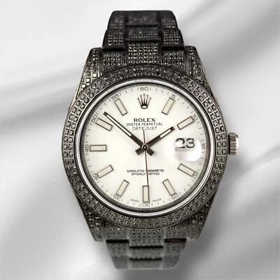 Rolex Datejust 41mm Noir Icedout 10ct Diamant Blanc Cadran Montre 116300 Papiers - Photo 1/4