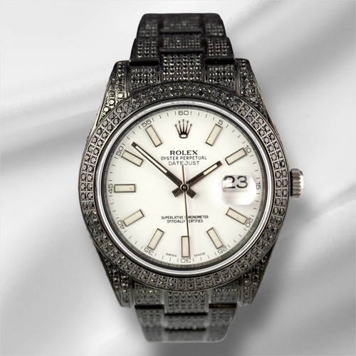 Rolex Datejust 41mm Noir Icedout 10ct Diamant Blanc Cadran Montre 116300 Papiers - Photo 1 sur 13