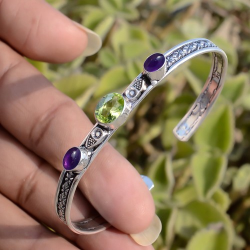 Peridot Cut, Amethyst Handmade Bracelet 925 Sterling Silver Cuff Bangle Jewelry - 第 1/8 張圖片