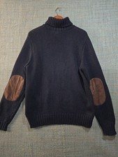 Polo Ralph Lauren Mens Sweater Medium Black Cable Knit Leather Elbow