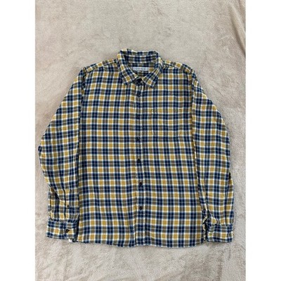 Outerknown Flannel Shirt Mens size L Mustard Navy Blue Plaid organic cotton EUC