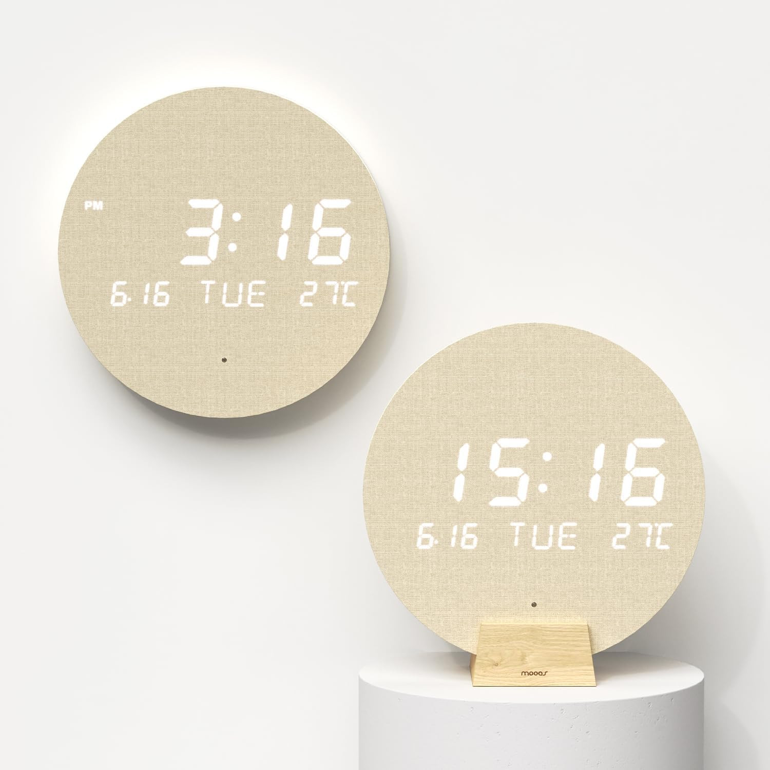 Wood Moon Cordless Mini Digital LED Wall Clock, Date, Temperature, Auto Brightne