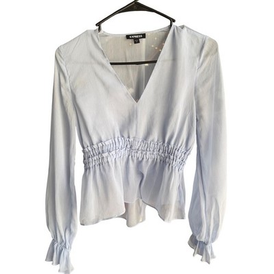 Express Light Blue Chiffon V-Neck Smocked Waist Peplum Blouse XS Long Sleeve