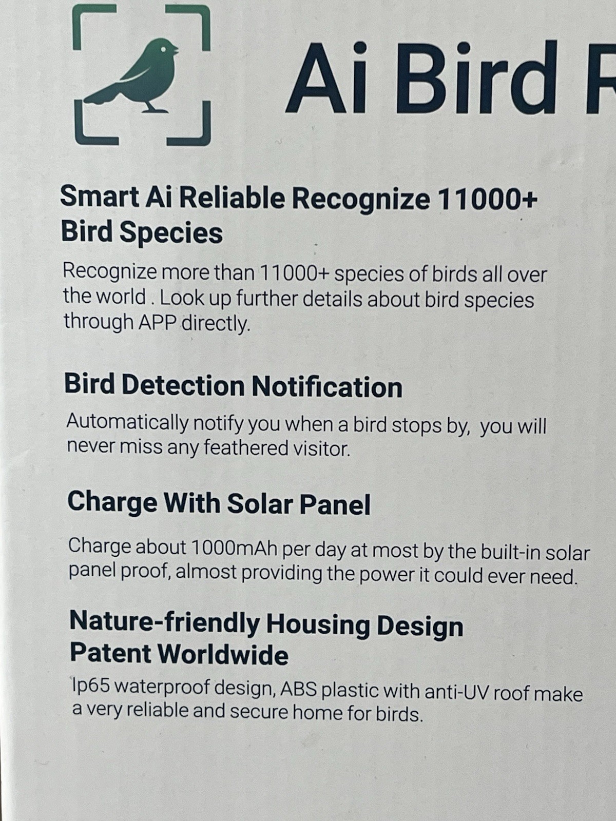 Smart AI Recognition Bird Feeder HD Streaming Video Solar Open Box