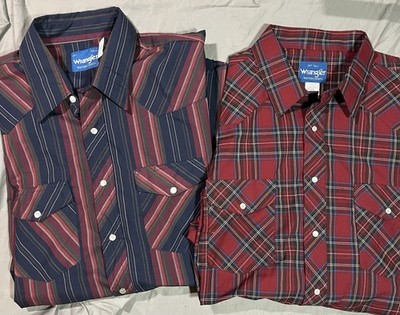 (2) Vintage Wrangler Shirts Short Sleeve Pearl Snap Mens Size 2XLT Blue Red