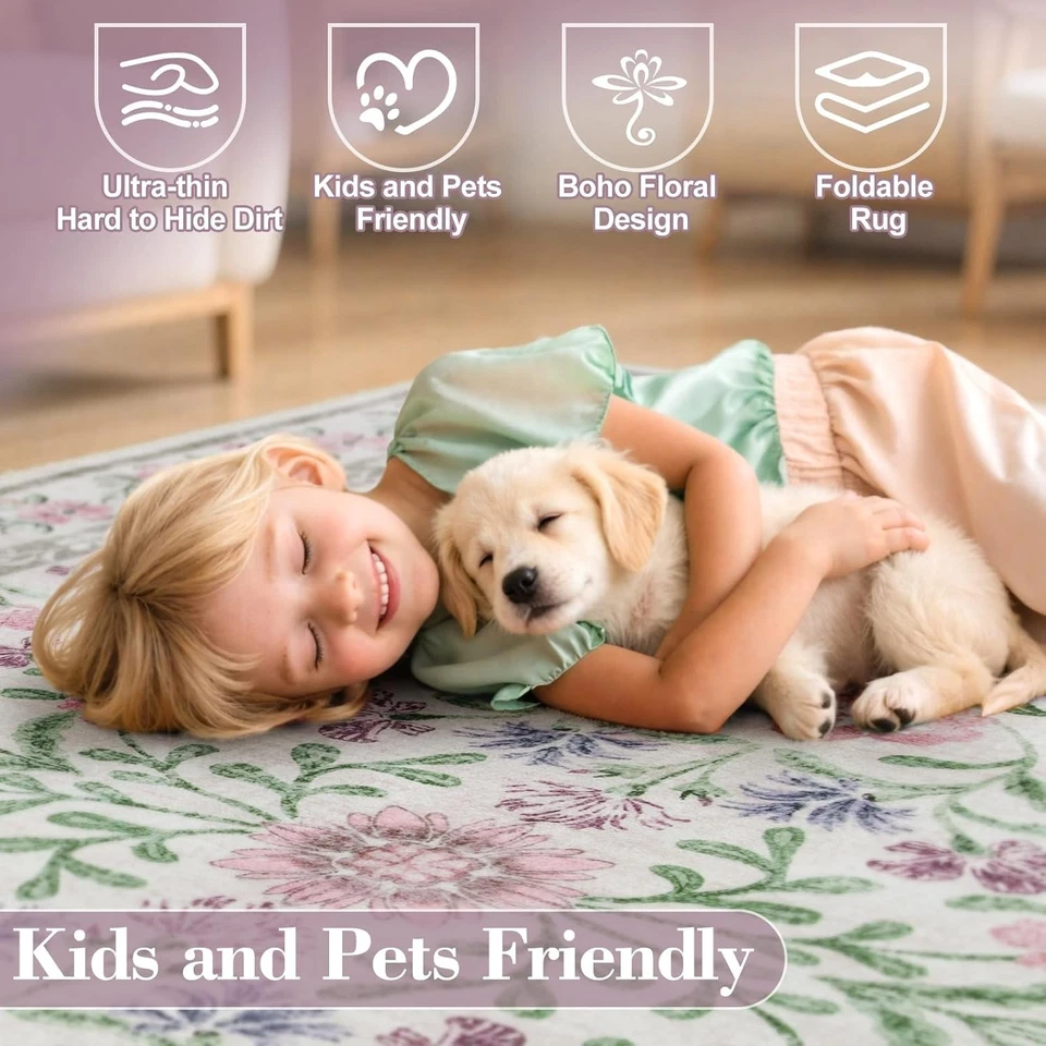 Alfombras Wonnitar púrpura floral 8x10, alfombra lavable para sala de estar, suave ultra- Foto 4 de 4