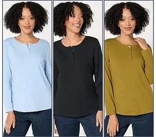 Denim Co Essentials Prfct Jersey 3pk Long Slv Henleys-Blue/Black-Moss-4X-A672141