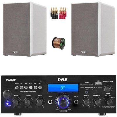 Pyle Home Audio BT Amplifier Receiver, 2x 5.25  White Speakers, Banana Plugs