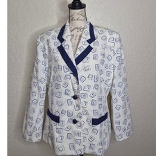 Vintage Henry-Lee Geometric Spiral Print Blazer Navy White Size 16 Made in USA
