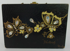 Vtg 60s Black  Gold Wood Purse Butterflies And Flowers "Flutterfly" by Madge