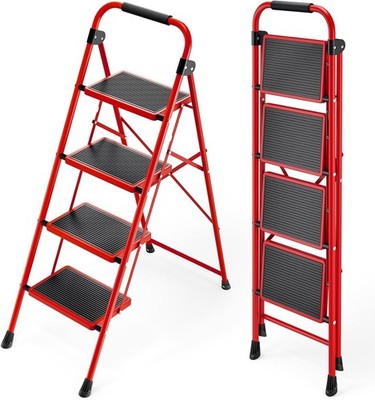 4 Step Folding Ladder with Non-Slip and Wide Pedal, Small Ladders with Handle
