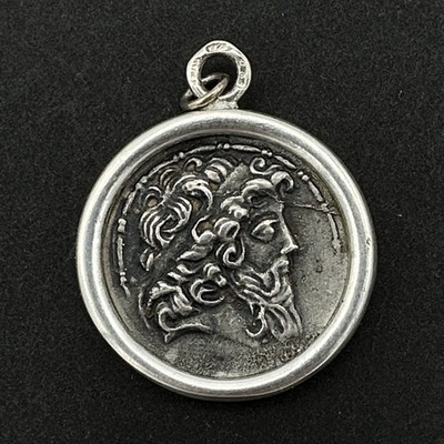 GREEK faux coin pendant - sterling silver King Demetrius II Nikato 1'' bezel 9.6g