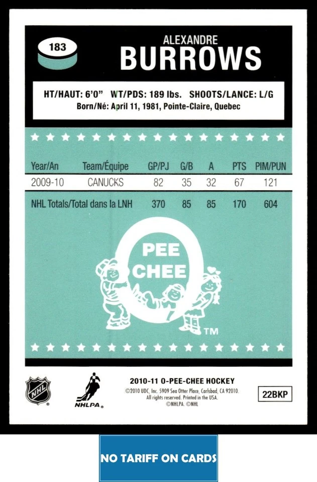 2010-11 O-Pee-Chee RAINBOW Alexandre Burrows Vancouver Canucks #183 - Image 2 of 2