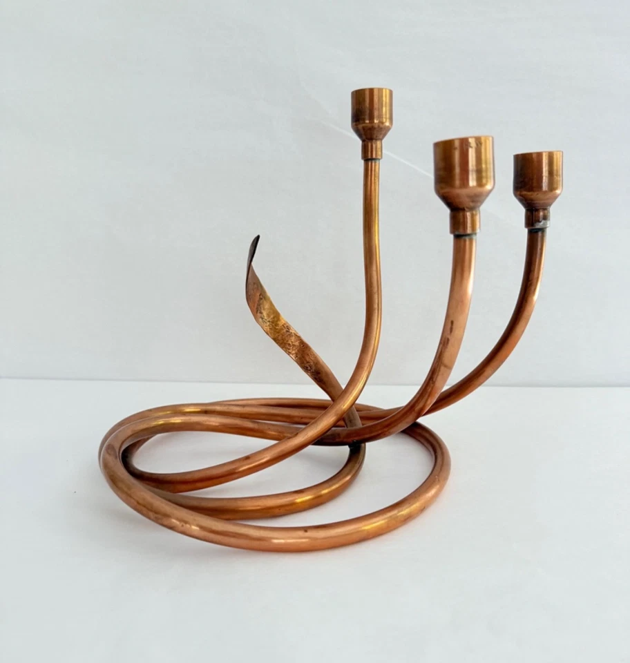 VTG 70s Danish Modernist Copper Art Swirl Tubes 3 Taper Candle Holder Hand Made - Image 2 of 4