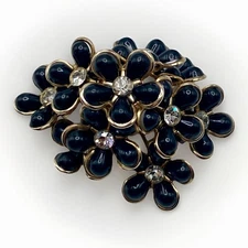 Coro Domed Black Petal & Rhinestone Flexible Cluster Flower Vintage Brooch