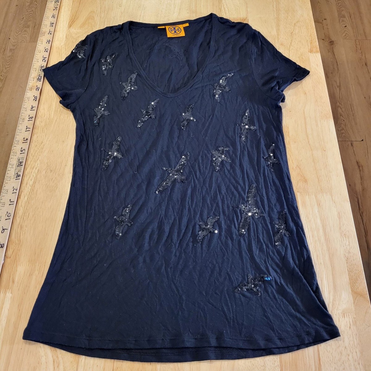 Tory Burch Black t-shirt Sequin Bird Embroidery XS 17