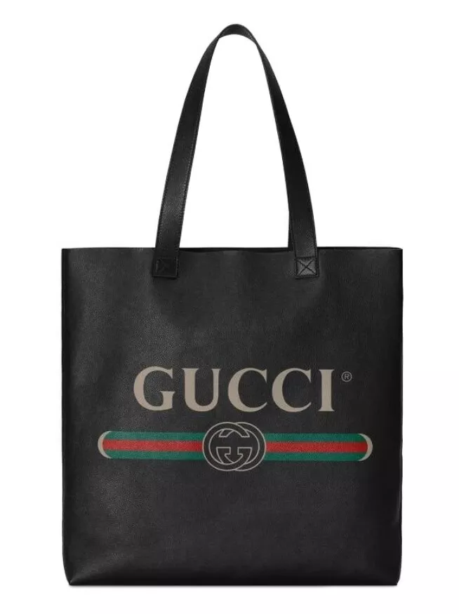 GUCCI Tote Bag Black Leather 572768 Vintage Logo Print Women Men Unisex