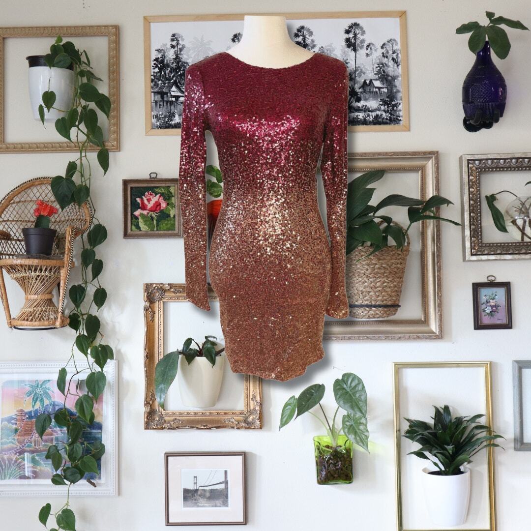 Women Gold & Burgundy Ombre Sequin Low Back Cocktail Party Dress Size Small