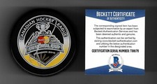 Taylor Hall Signed Windsor Spitfires CHL Memorial Cup Game Puck Beckett COA OHL