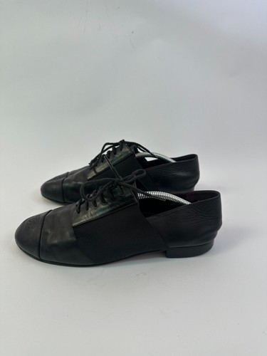 Chanel Calfskin Elastic Lace Up Cap Toe CC Loafers 38.5 EU Black