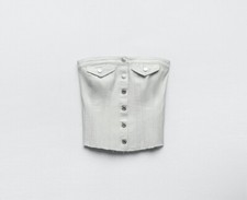 NWT ZARA Women Strapless Button Front Corset Style Denim Cropped Top Sz S Silver