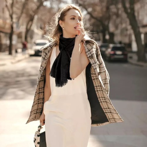 Black Scarf Cotton Long Scarf Black Cotton Blend Crinkle Soft Scarf with Fringed - Picture 7 of 7