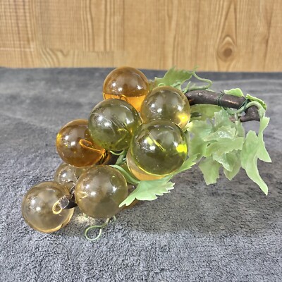 Vintage Lucite Grape 13 Cluster Yellow Jumbo Balls Stem Leaves 60s MCM Decor