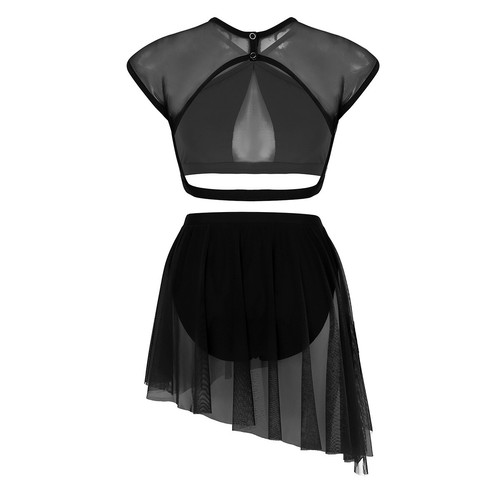 Womens Mesh Asymmetric Contemporary Lyrical Dance Crop Top Shorts Skirt Costume - Picture 9 of 62