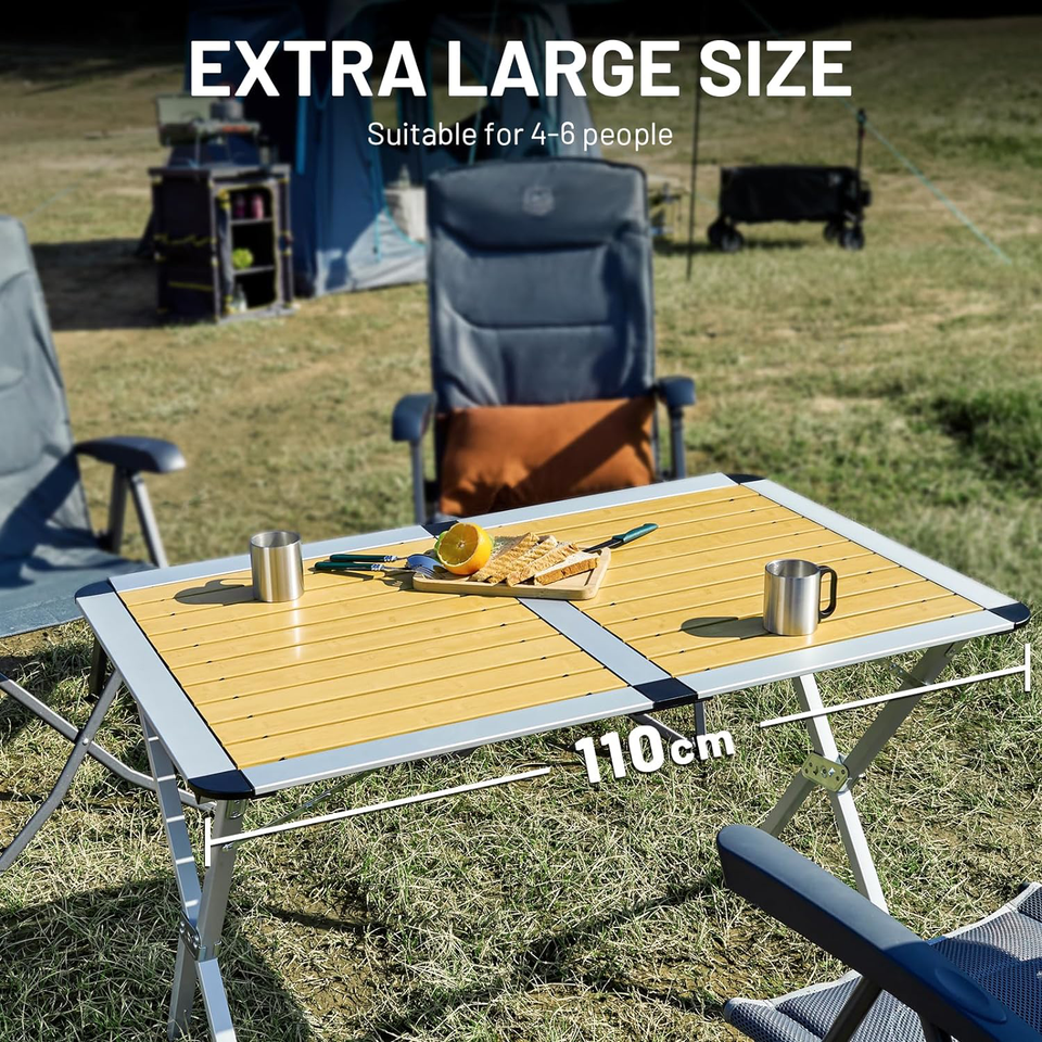 TIMBER RIDGE Camping Table with Slatted Top, 110x70cm Aluminium Roll Up