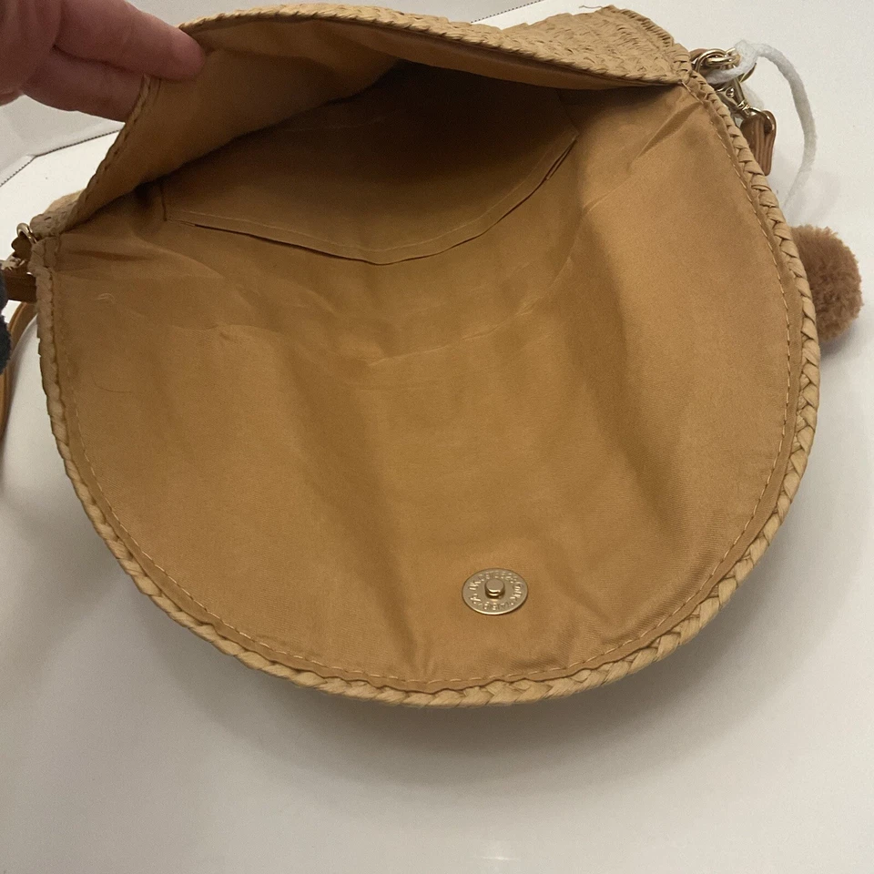 Vintage Woven Rafia Purse Crossbody Shoulder Bag With Pom Poms 8” By 11” - Image 3 of 4