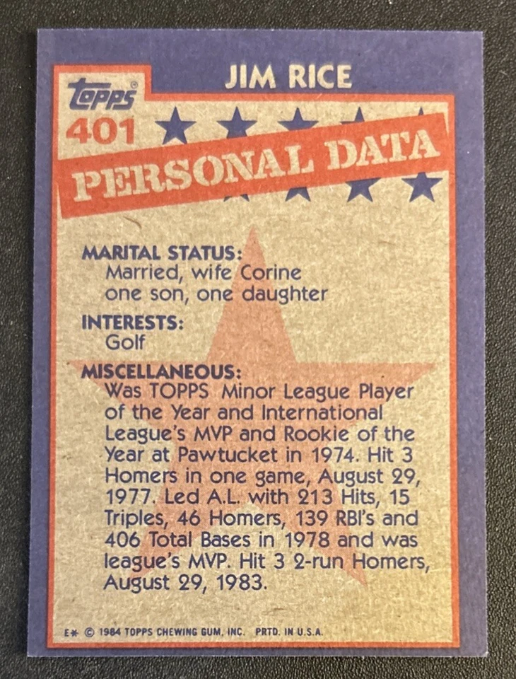 1984 Topps Jim Rice All-Star Baseball Card #401 Red Sox HOF OF VG/EX O/C - Image 2 of 2