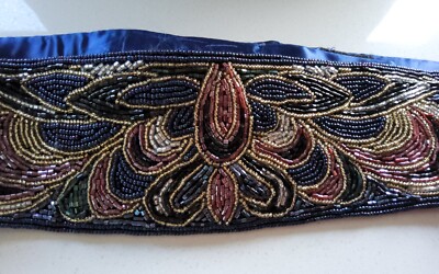 LADIES VINTAGE BLUE SATIN BEADED WAIST BELT SIZE S | eBay display picture 1