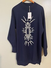 Latiste Womens Navy Blue Perl Embellished Viscose Nylon Knit Sweater Dress 2X