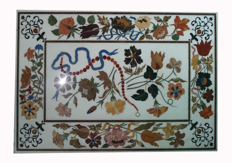 48 x 36 Marble Inlay Sofa Side Table Top - Handcrafted Marquetry Home Decor