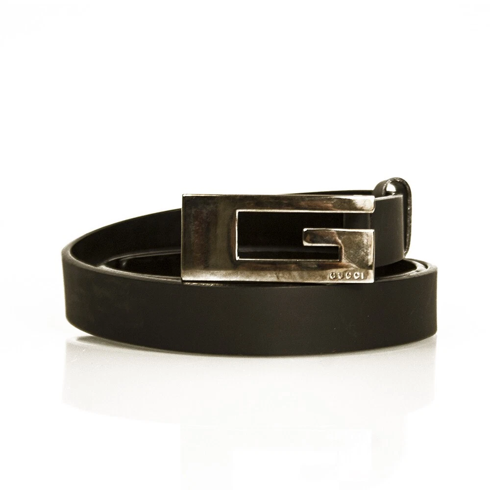 Gucci Silver G Monogram Buckle Matte Black Leather Thin Skinny Belt size 75