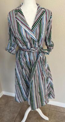 MARELLA womens 6 wrap belted cotton midi striped multi cotton dress poplin