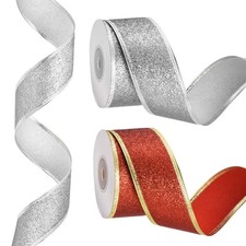 20 Yards x 1.5" Christmas Ribbon, Metallic Wired Ribbon Shine, Red/Silver
