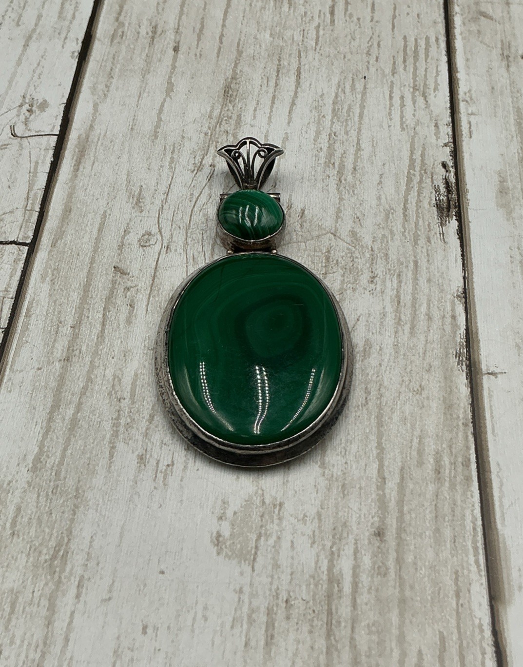 Vintage 925 Sterling Silver Oval Malachite Statement Pendant
